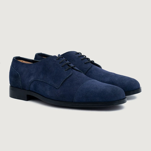 Attorney Derby Midnight Blue Suede Leather Shoes For Men in Midnight Blue Goatskin Suede - Lateral Side Profile View | Buy Online
