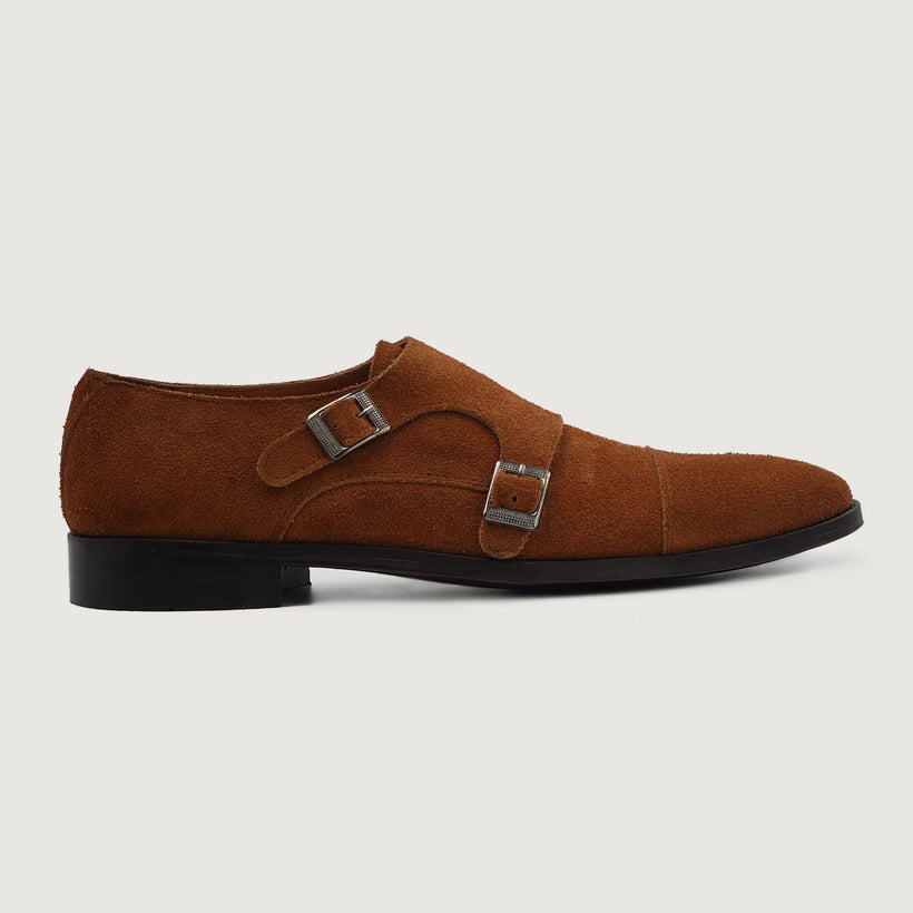 Boston Double Monk Strap Marrone Suede Leather Shoes da Uomo
