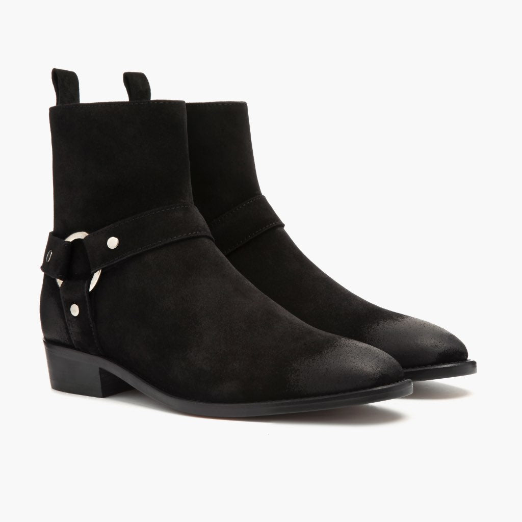 Harness Nero Suede Stivali in pelle da Uomo in Black Goatskin Suede - Vista laterale | Acquista online