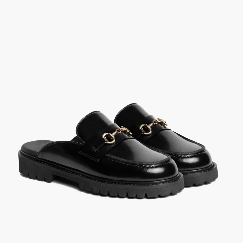 Penny Mule Nero & Gold Mocassini in pelle da Donna in vera pelle bovina nera - Vista laterale | Acquista online