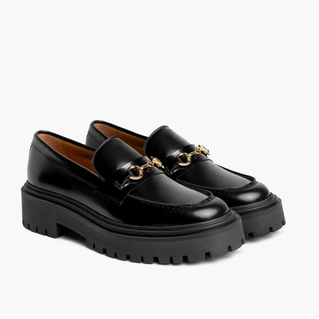 Penny Platform Nero & Gold Mocassini in pelle da Donna in vera pelle bovina nera - Vista laterale | Acquista online