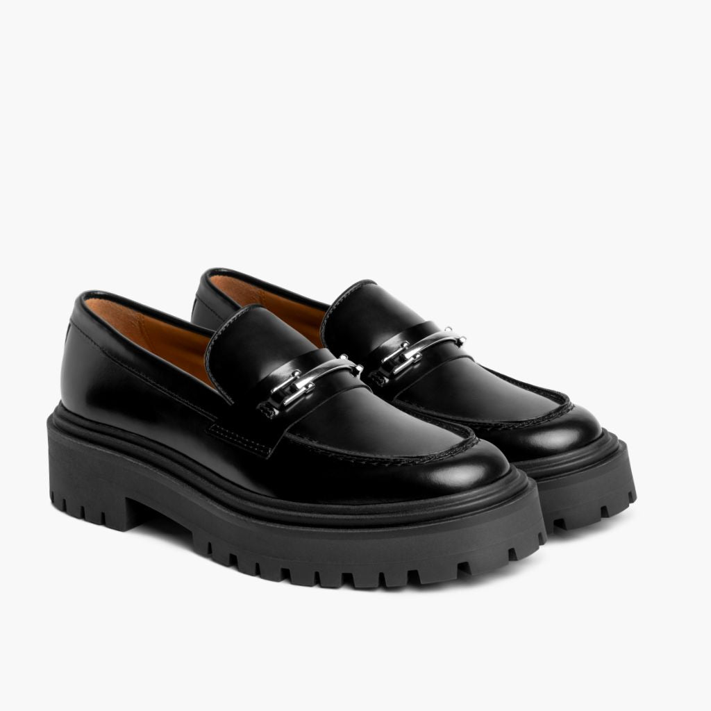 Penny Platform Nero & Silver Mocassini in pelle da Donna in vera pelle bovina nera - Vista laterale | Acquista online