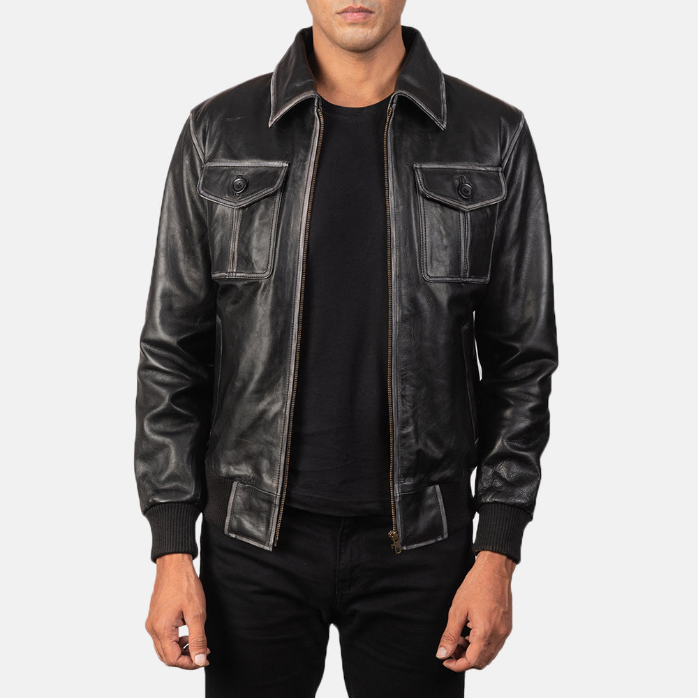 Men's Aaron Distressed Black Leather Bomber Jacket in Black Cowhide Leather - Vista frontale e linea su misura | Acquista online