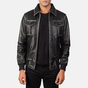 Men's Aaron Distressed Black Leather Bomber Jacket in Black Cowhide Leather - Vista frontale e linea su misura | Acquista online