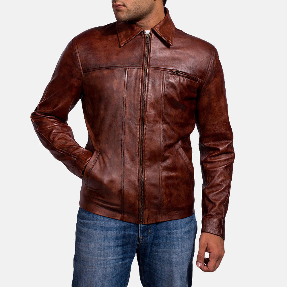 Distressed Brown Sheep Skin Burnishing Biker Jacket - Vista posteriore Showing Tailored Shoulder Fit &amp; Clean Hemline
