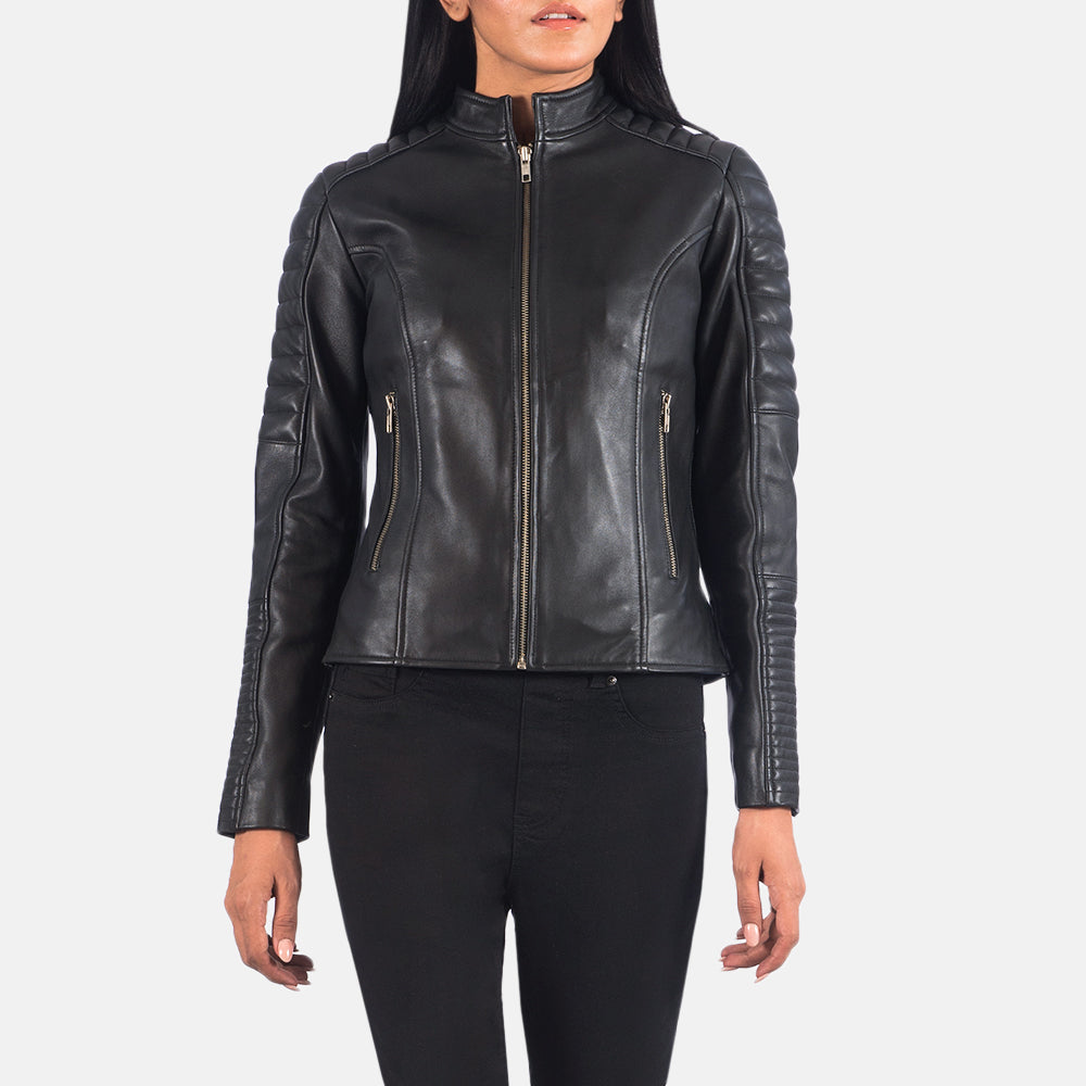 
Black Sheepskin Leather Biker Jacket - Vista posteriore con spalle definite e orlo pulito