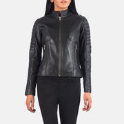 
Black Sheepskin Leather Biker Jacket - Vista posteriore con spalle definite e orlo pulito