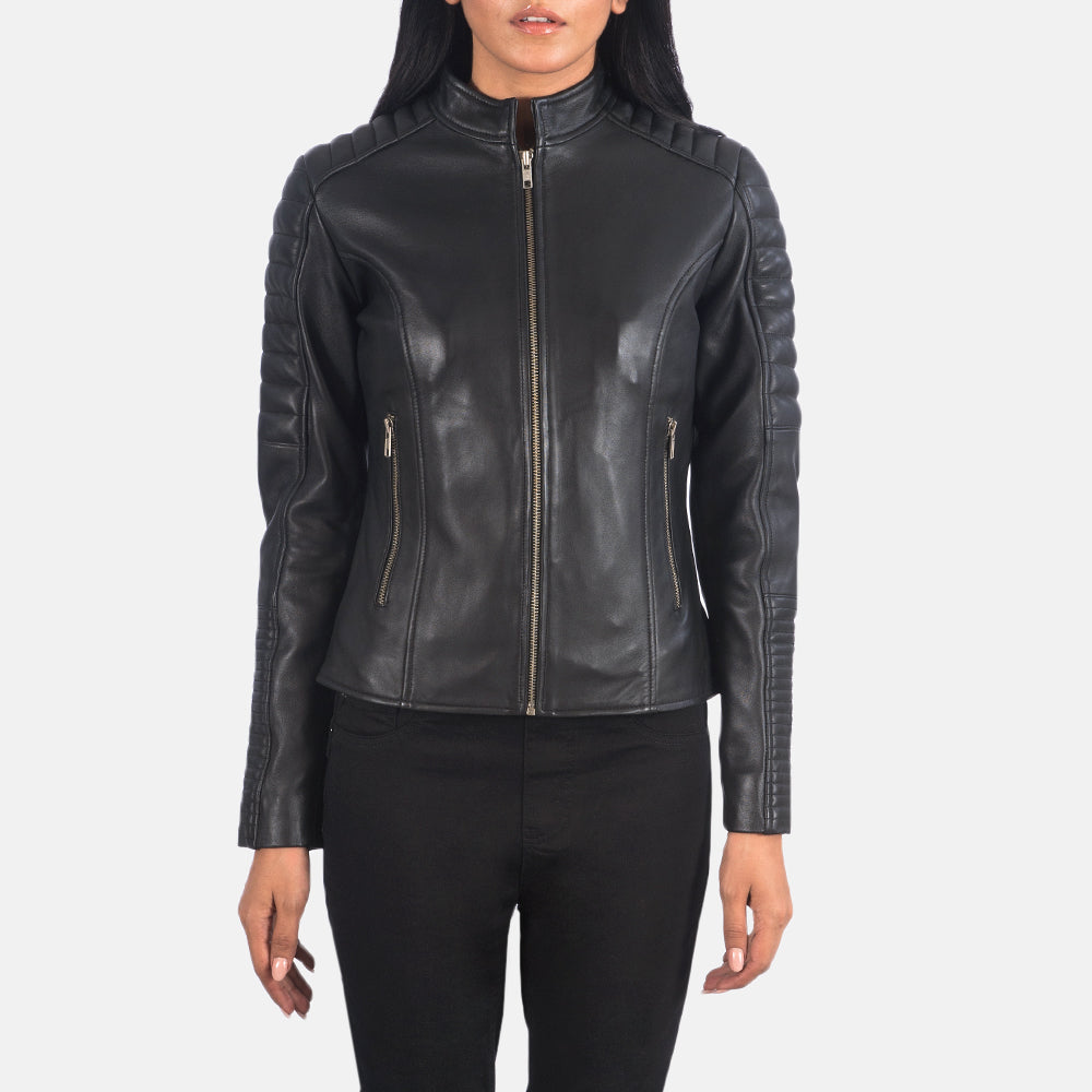 
Dettaglio ravvicinato of Band & Zipper Hardware on Adalyn Trapuntato Nero Giacca Biker in Pelle da Donna