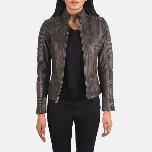 Women's Adalyn Quilted Distressed Brown Leather Biker Jacket in Distressed Brown Goatskin Leather - Front Profile View & Tailored Silhouette | Buy Online