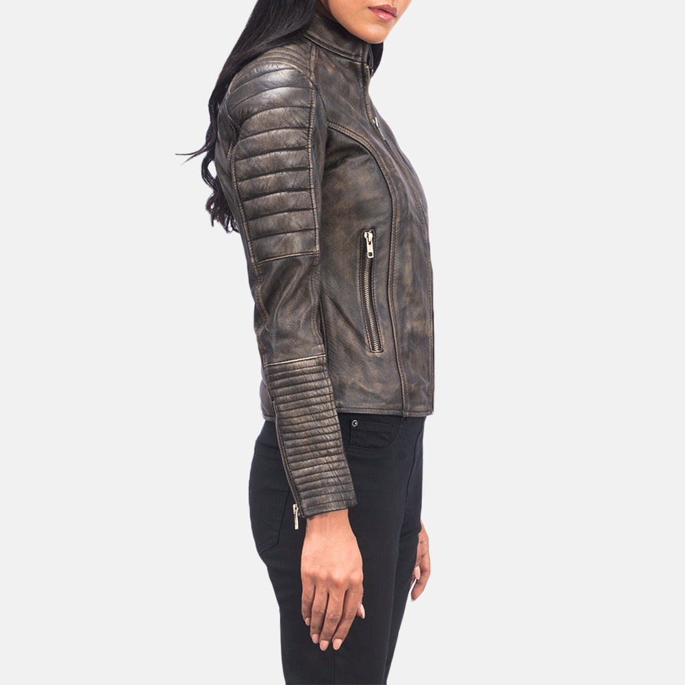 
Distressed Brown Goatskin Leather Biker Jacket - Vista posteriore con spalle definite e orlo pulito