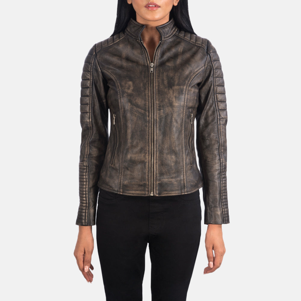 
Dettaglio ravvicinato of Band & Zipper Hardware on Adalyn Trapuntato Marrone Invecchiato Giacca Biker in Pelle da Donna