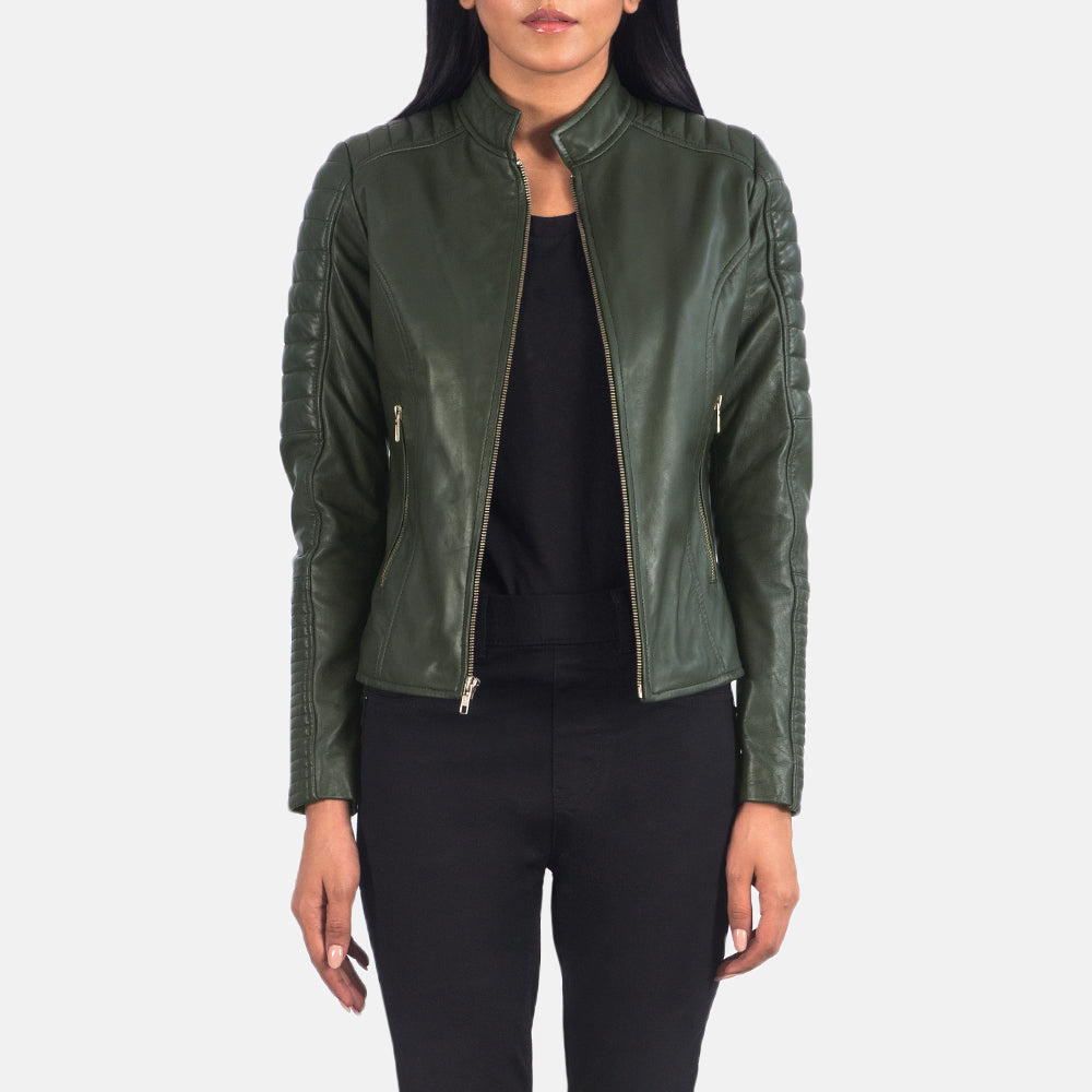 
Adalyn Trapuntato Verde Giacca Biker in Pelle da Donna in Green Sheepskin Leather - Vista frontale e silhouette sartoriale | Acquista online