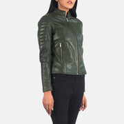 
Green Sheepskin Leather Biker Jacket - Vista posteriore con spalle definite e orlo pulito