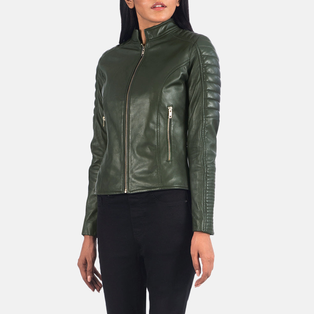 
Dettaglio ravvicinato of Band & Zipper Hardware on Adalyn Trapuntato Verde Giacca Biker in Pelle da Donna