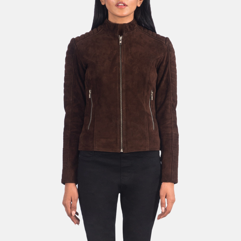 Adalyn Trapuntato Mocha Suede Giacca Biker in Pelle da Donna in Mocha Brown Goatskin Suede - Vista frontale e linea su misura | Acquista online