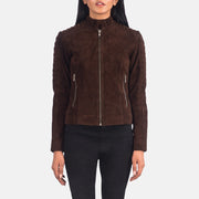 Adalyn Trapuntato Mocha Suede Giacca Biker in Pelle da Donna in Mocha Brown Goatskin Suede - Vista frontale e linea su misura | Acquista online