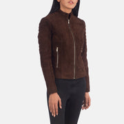 Mocha Brown Goatskin Suede Biker Jacket - Vista posteriore con spalle sartoriali e orlo pulito