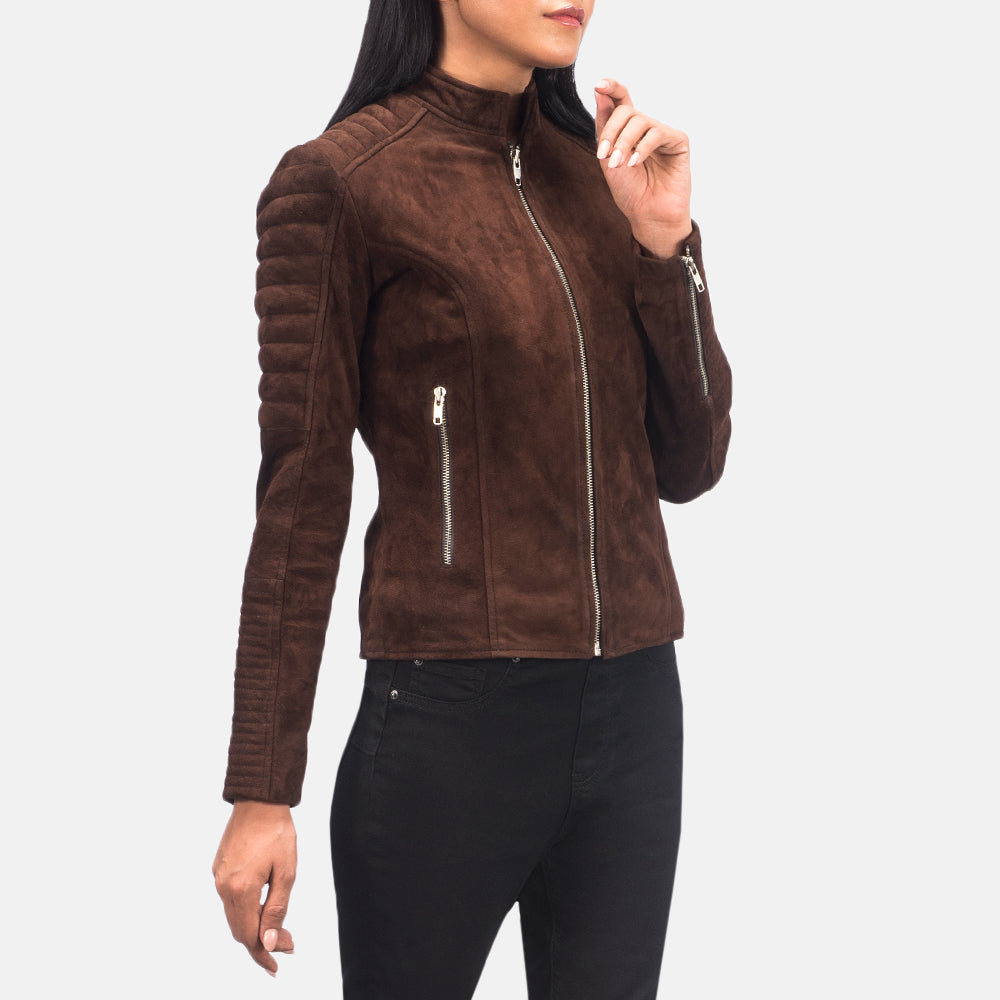 Adalyn Trapuntato Mocha Suede Giacca Biker in Pelle da Donna - Vista laterale con taglio manica ergonomico