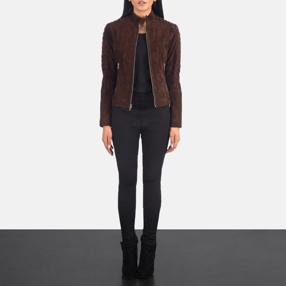 Dettaglio ravvicinato of Band &amp; Zipper Hardware on Adalyn Trapuntato Mocha Suede Giacca Biker in Pelle da Donna