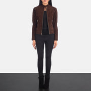 Dettaglio ravvicinato of Band &amp; Zipper Hardware on Adalyn Trapuntato Mocha Suede Giacca Biker in Pelle da Donna