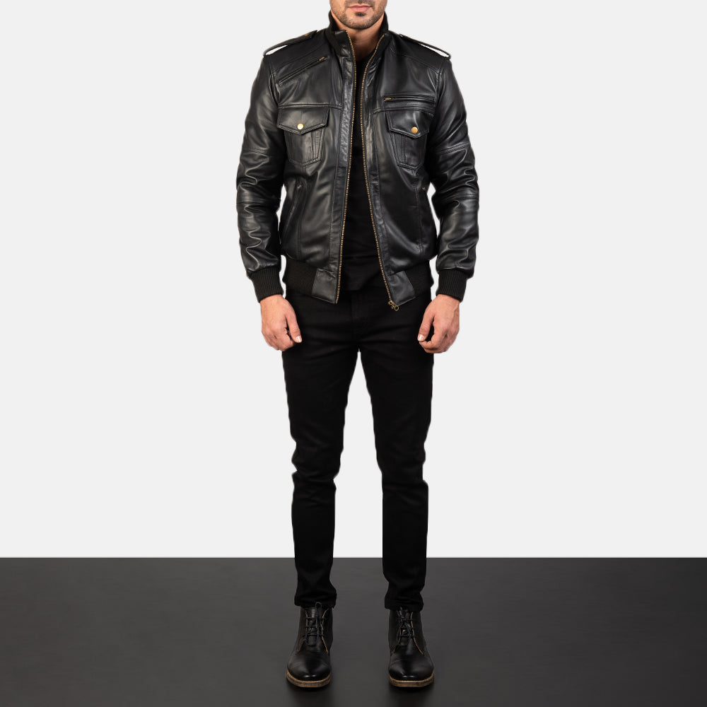 Men's Agent Shadow Nero Bomber in Pelle da Uomo - Lateral Side Profile View Showing Sleeve Cut &amp; Athletic Taper Fit