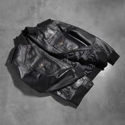 Rib knit &amp; Hem Craftsmanship Construction Detail on Men's Agent Shadow Nero Bomber in Pelle da Uomo