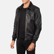 
Black Sheepskin Leather Bomber Jacket - Vista posteriore con spalle definite e orlo pulito