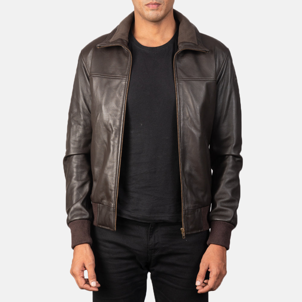 Men's Air Rolf Mocha Brown Leather Bomber Jacket in Dark Brown Sheepskin Leather - Vista frontale e linea su misura | Acquista online