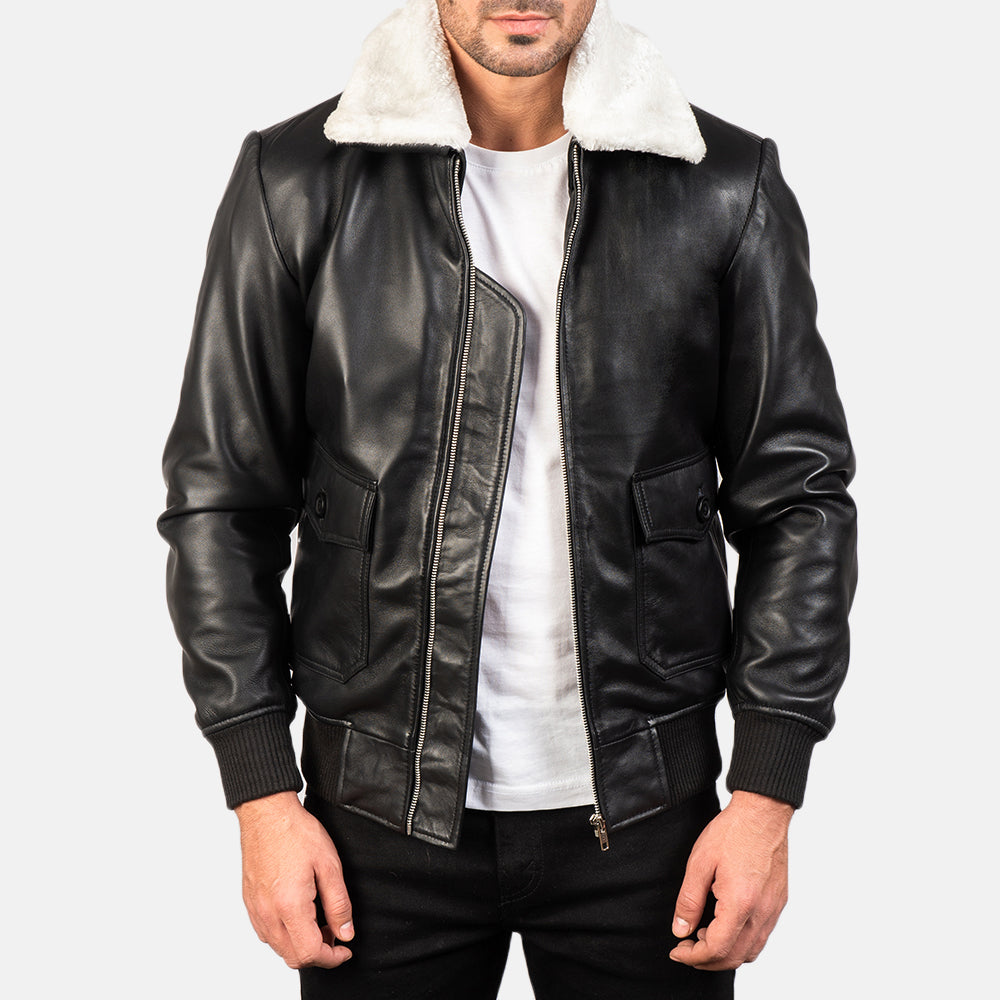 
Airin G-1 Black & White Leather Bomber Jacket in Black Sheepskin Leather - Vista frontale e silhouette sartoriale | Acquista online