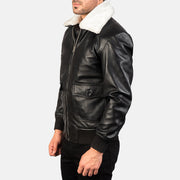 
Black Sheepskin Leather Bomber Jacket - Vista posteriore con spalle definite e orlo pulito