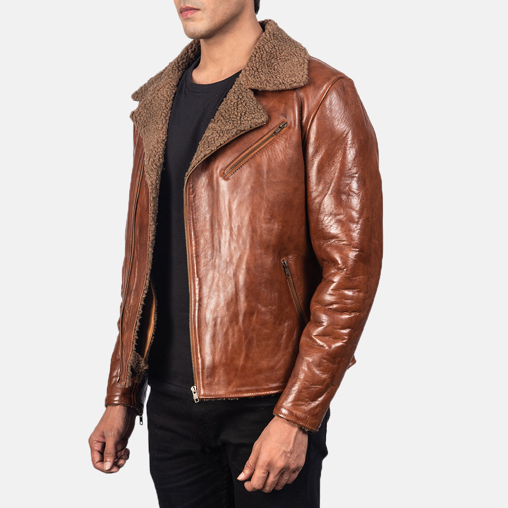 
Brown Sheepskin Leather Biker Jacket - Vista posteriore con spalle definite e orlo pulito