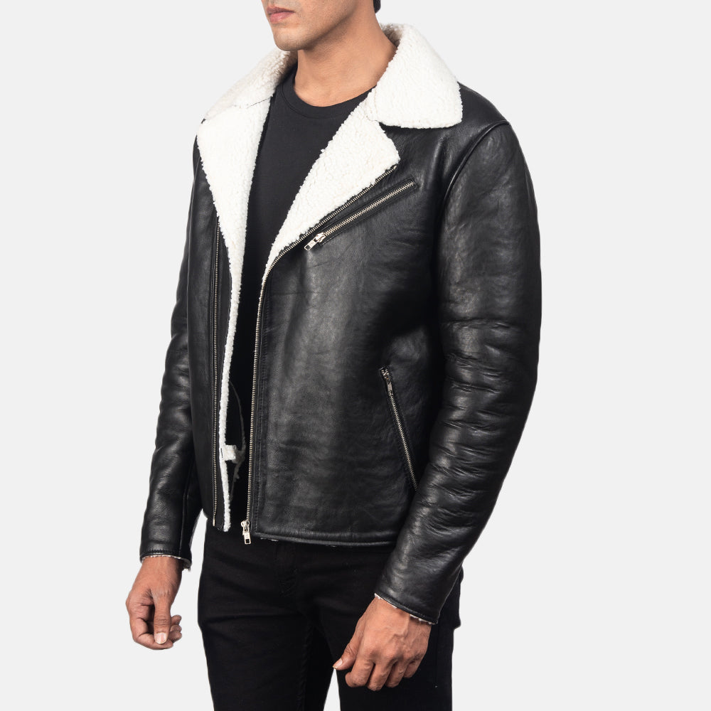 
Black Sheepskin Leather Biker Jacket - Vista posteriore con spalle definite e orlo pulito