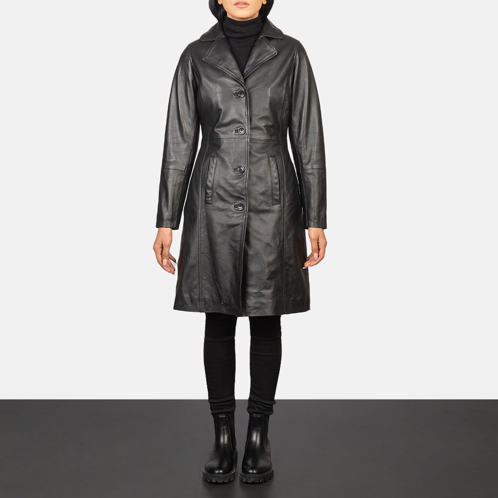 Women's Alexis Nero Single Breasted Cappotto in Pelle da Donna in Black Cowhide Leather - Vista frontale e linea su misura | Acquista online