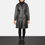 Women's Alexis Nero Single Breasted Cappotto in Pelle da Donna in Black Cowhide Leather - Vista frontale e linea su misura | Acquista online