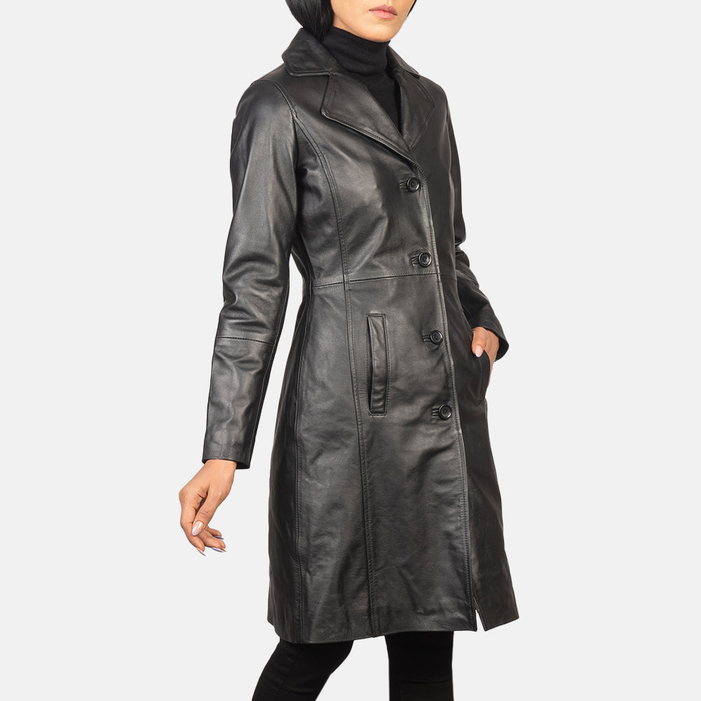 Dettaglio ravvicinato of Notch &amp; Buttons Hardware on Women's Alexis Nero Single Breasted Cappotto in Pelle da Donna