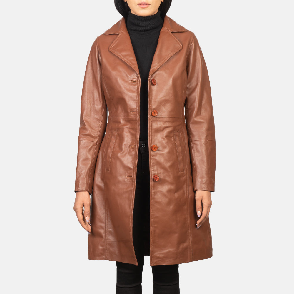 Women's Alexis Marrone Single Breasted Cappotto in Pelle da Donna in Brown Cowhide Leather - Vista frontale e linea su misura | Acquista online