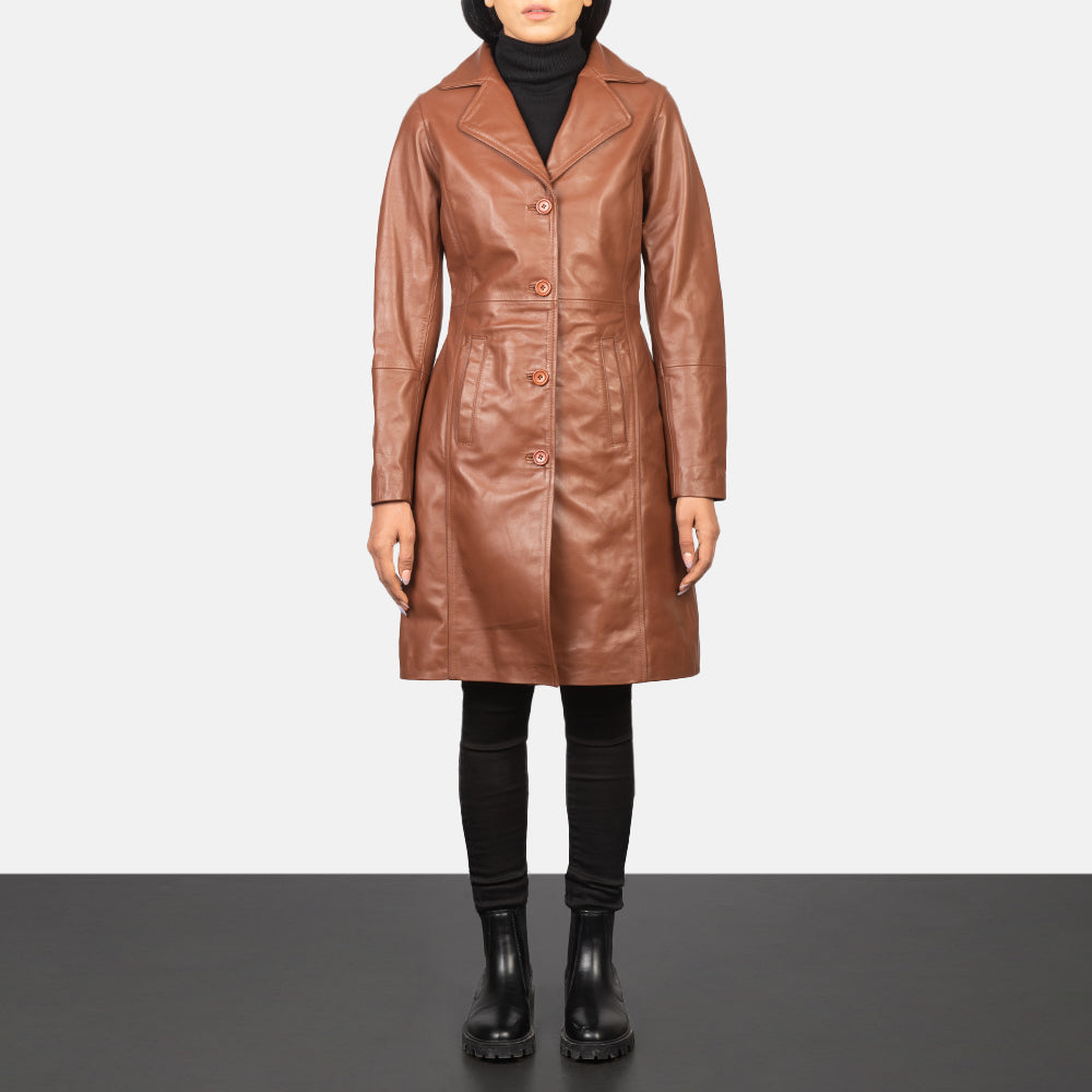 Women's Alexis Marrone Single Breasted Cappotto in Pelle da Donna - Lateral Side Profile View Showing Sleeve Cut &amp; Athletic Taper Fit