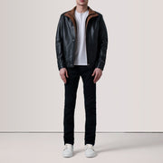 
Brown Sheepskin Leather Bomber Jacket - Vista posteriore con spalle definite e orlo pulito