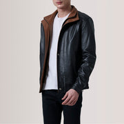 
Dettaglio ravvicinato of Shirt & Zipper with placket Hardware on Alfred Brown Leather Bomber Jacket For Men