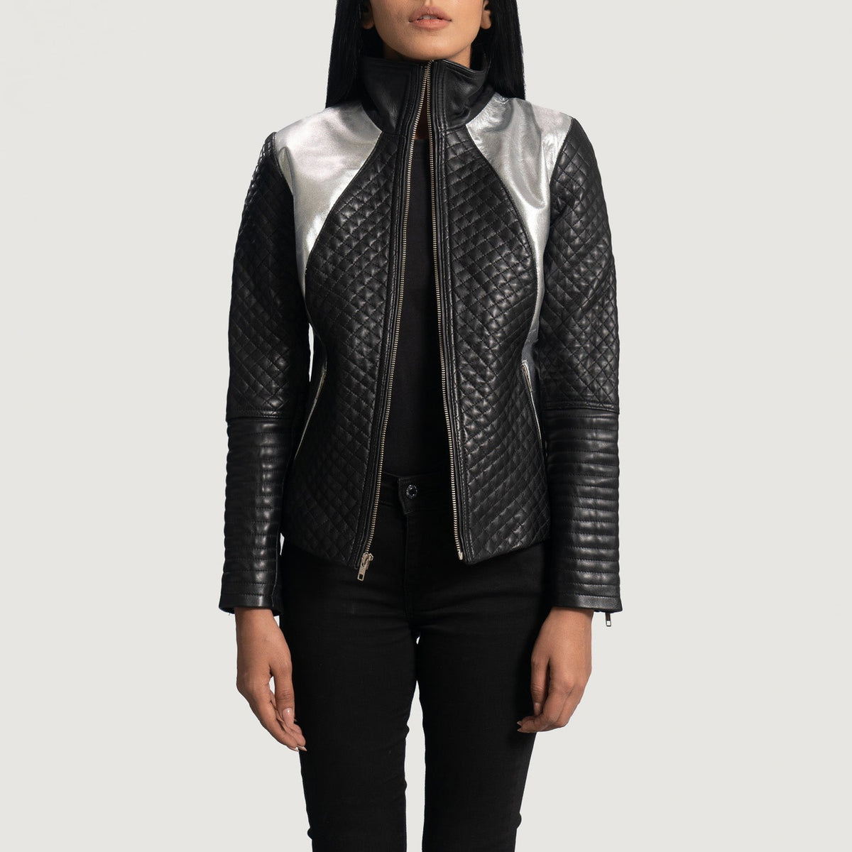 Women's Alia Metallic Nero Giacca Biker in Pelle da Donna in Black Sheepskin Leather - Vista frontale e linea su misura | Acquista online