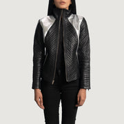 Women's Alia Metallic Nero Giacca Biker in Pelle da Donna in Black Sheepskin Leather - Vista frontale e linea su misura | Acquista online