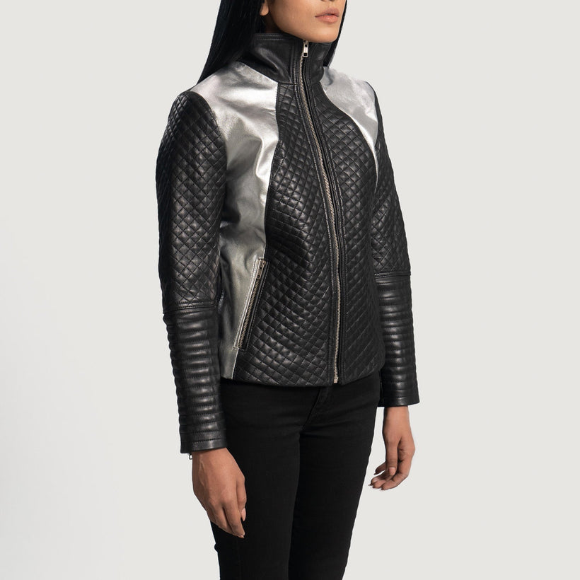 Alia Metallic Nero Giacca Biker in Pelle da Donna