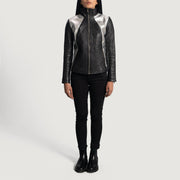 Dettaglio ravvicinato of High Neck &amp; Zipper Hardware on Women's Alia Metallic Nero Giacca Biker in Pelle da Donna