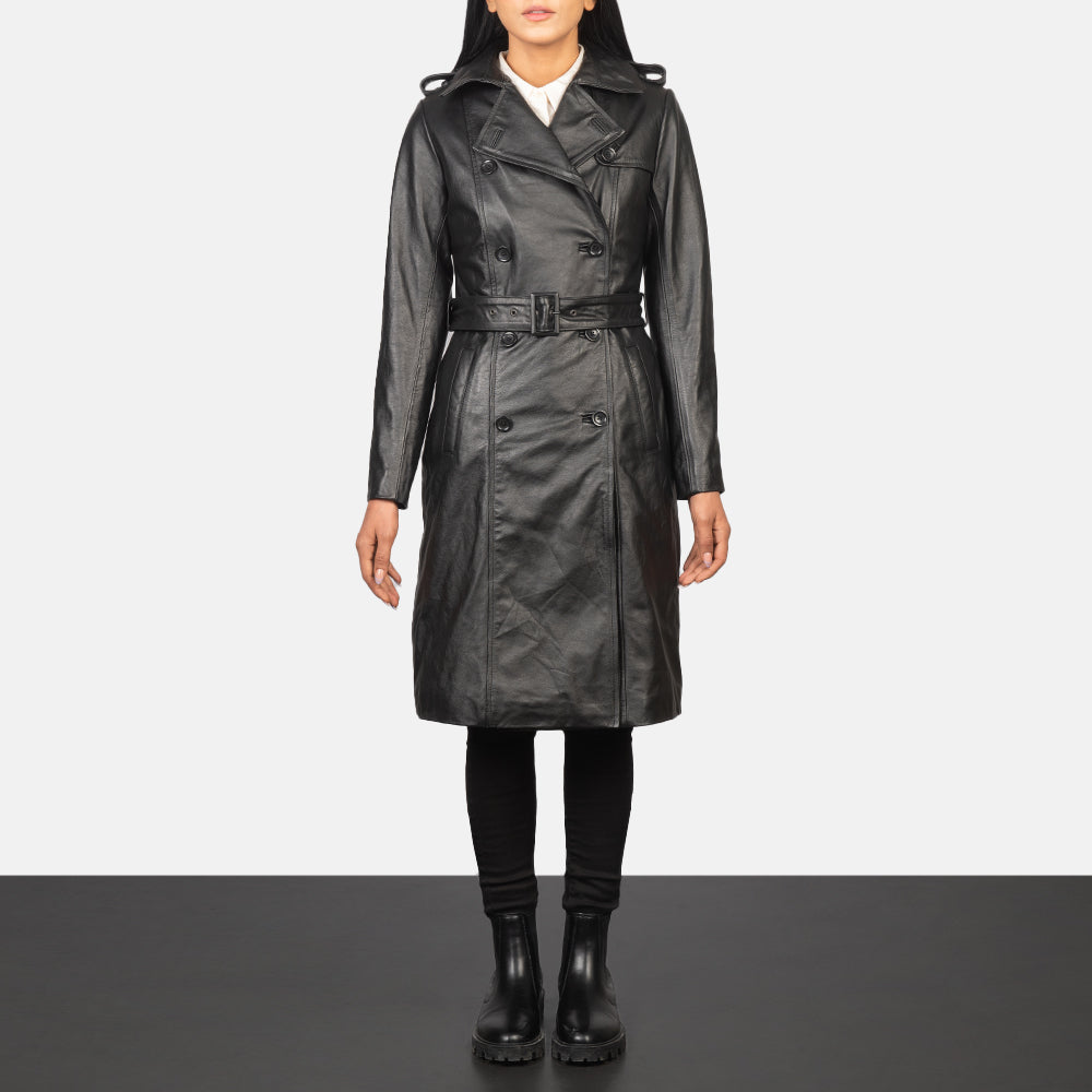 Women's Alice Black Double Breasted Leather Coat in Black Cowhide Leather - Vista frontale e linea su misura | Acquista online