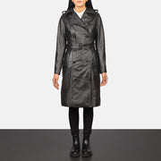 Women's Alice Black Double Breasted Leather Coat in Black Cowhide Leather - Vista frontale e linea su misura | Acquista online