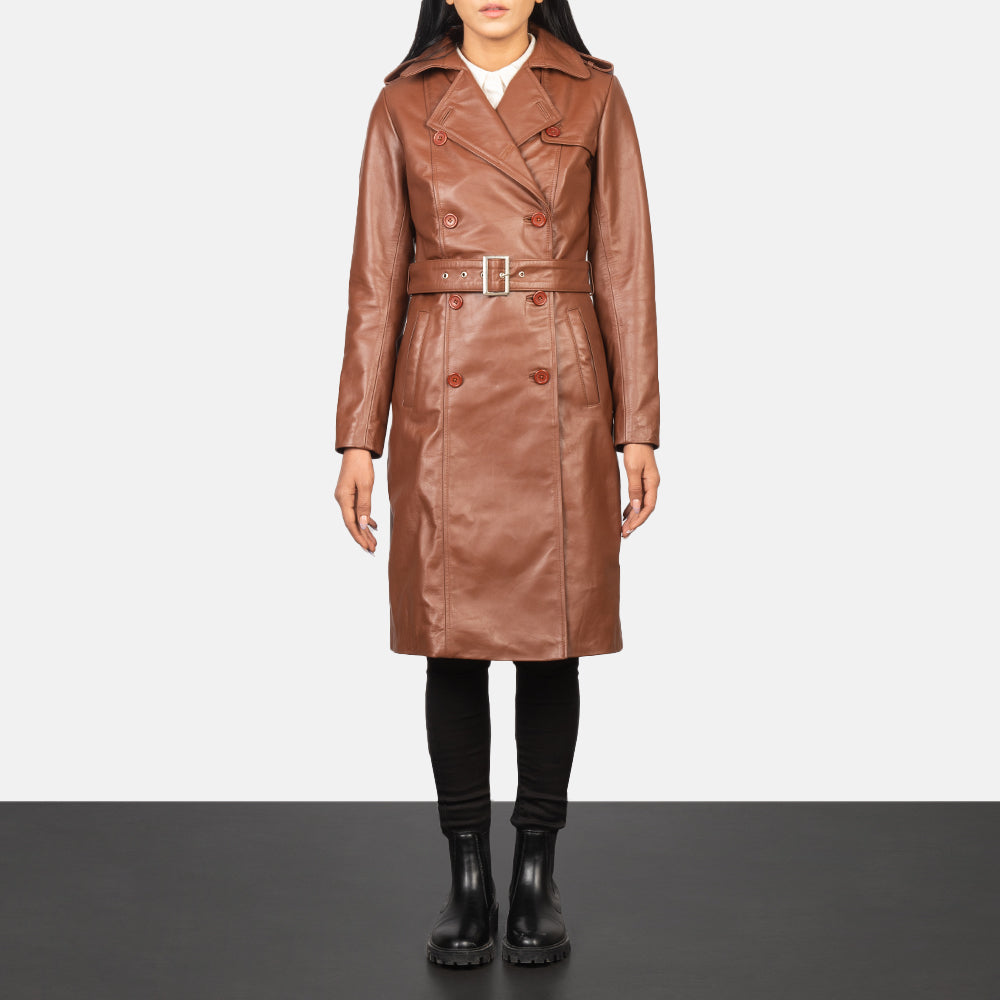 Women's Alice Marrone Double Breasted Cappotto in Pelle da Donna in Black Cowhide Leather - Vista frontale e linea su misura | Acquista online