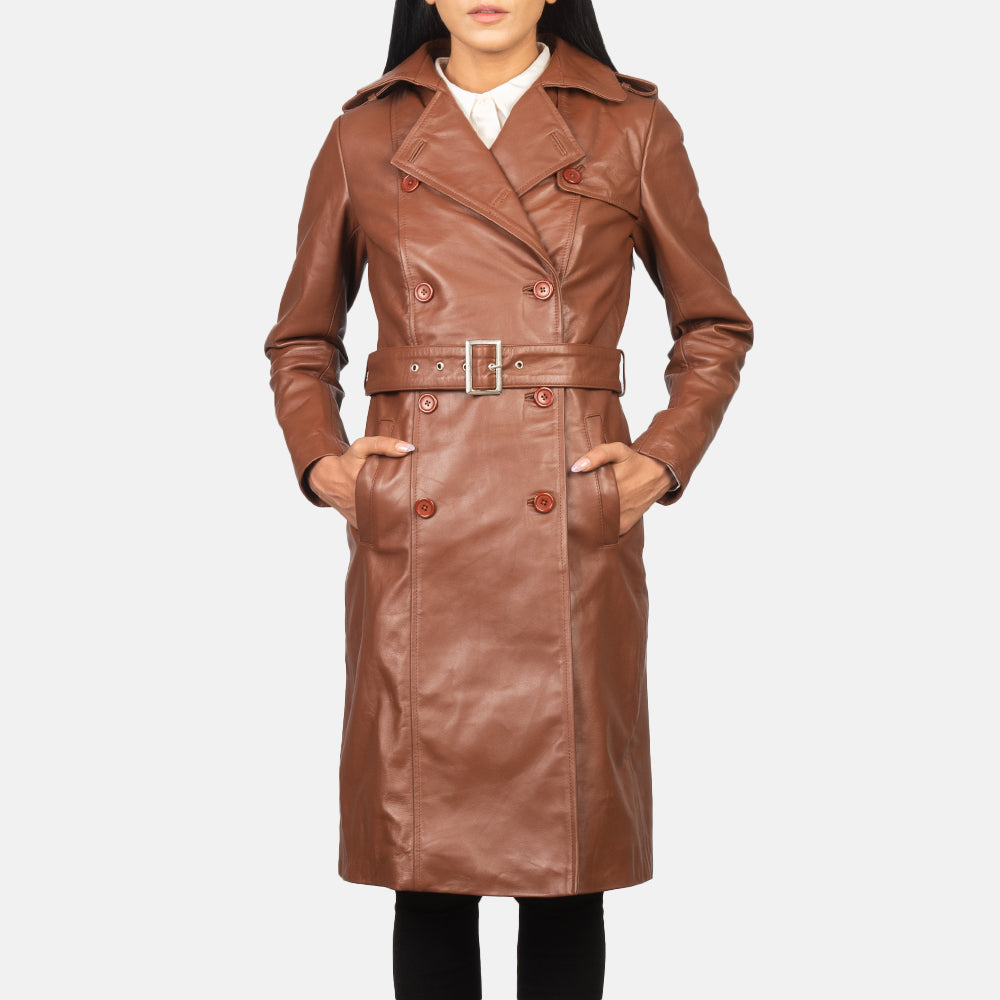Women's Alice Marrone Double Breasted Cappotto in Pelle da Donna - Lateral Side Profile View Showing Sleeve Cut &amp; Athletic Taper Fit
