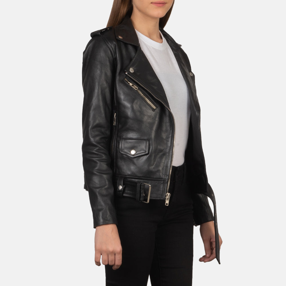 Black Cowhide Leather Biker Jacket - Vista posteriore Showing Tailored Shoulder Fit &amp; Clean Hemline