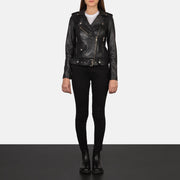 Women's Alison Nero Giacca Biker in Pelle da Donna - Lateral Side Profile View Showing Sleeve Cut &amp; Athletic Taper Fit