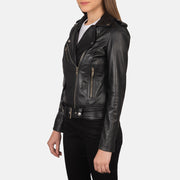 Dettaglio ravvicinato of Notch &amp; Zipper Hardware on Women's Alison Nero Giacca Biker in Pelle da Donna